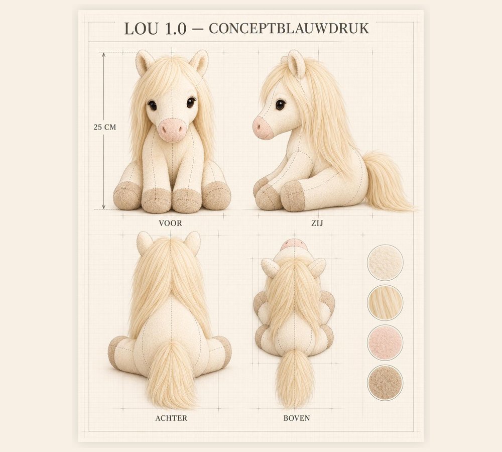 Lou 1.0, het eerste ontwerp van de paardenknuffel Lou the Pony