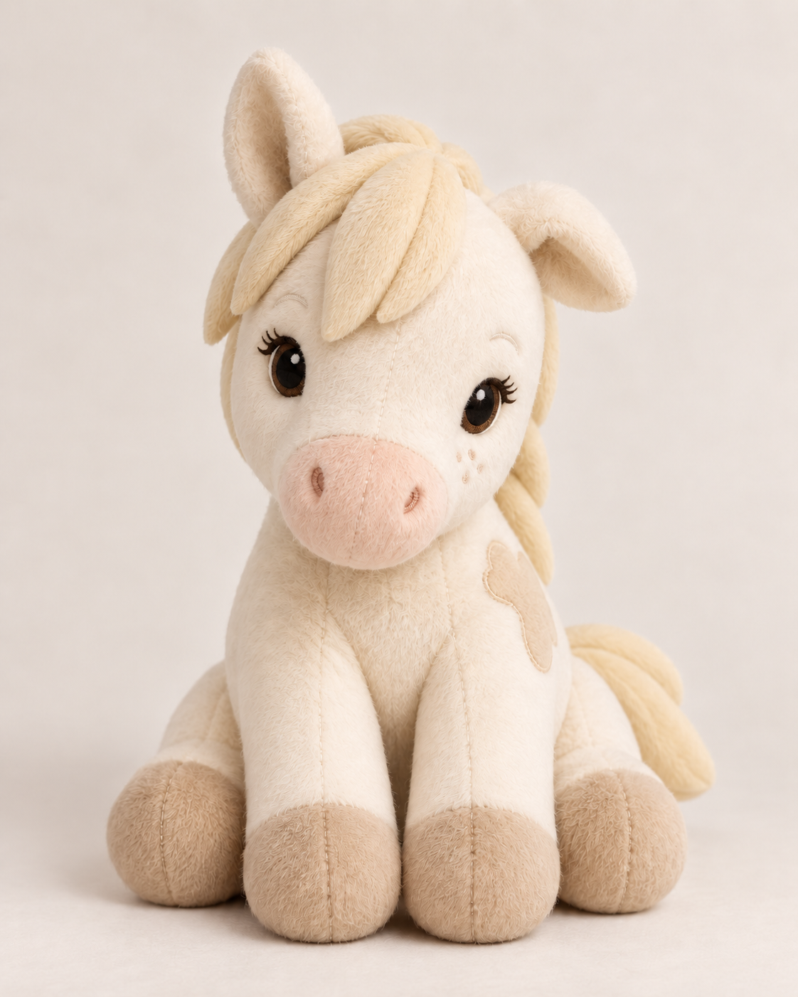 Crèmekleurige paardenknuffel Lou the Pony met blonde manen en een roze snuit