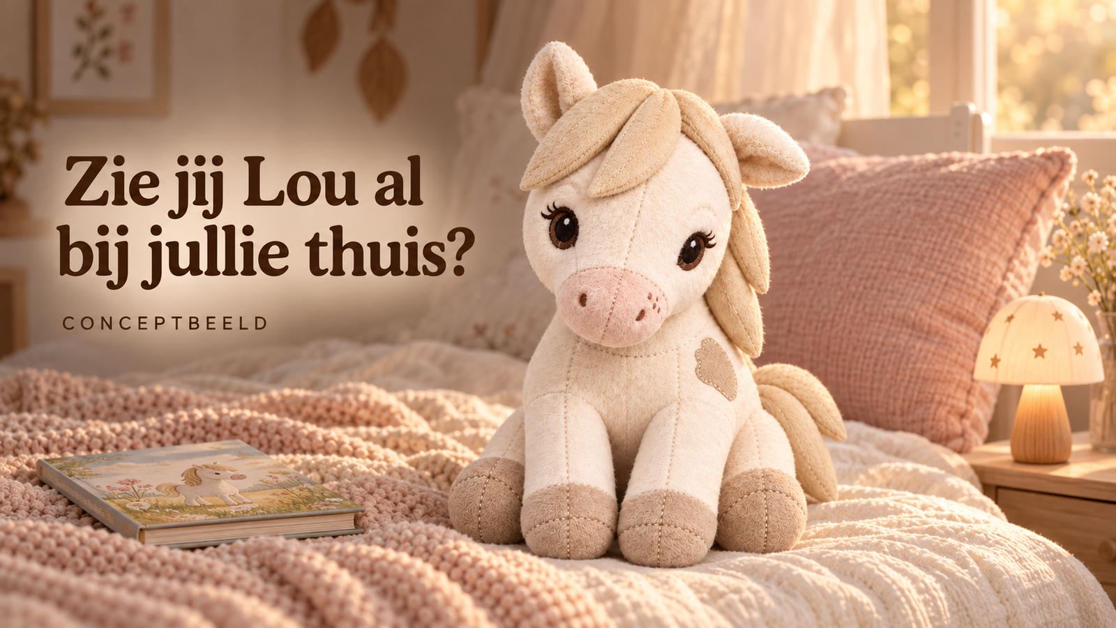 Conceptbeeld van de Lou the Pony knuffel in een warme kinderkamer