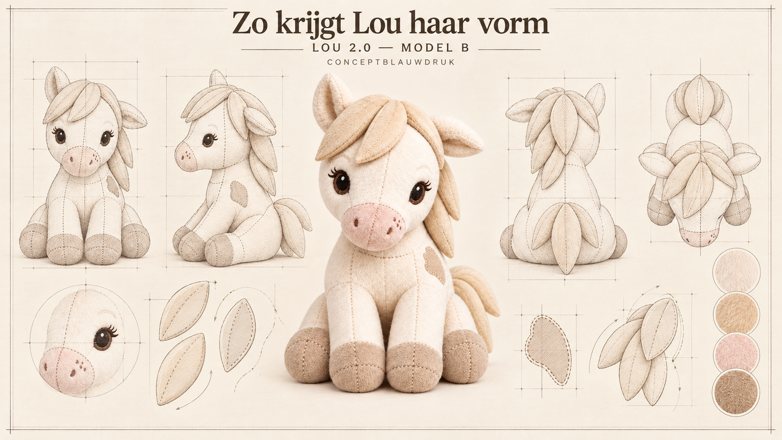 Conceptblauwdruk van Lou 2.0 Model B met verschillende aanzichten en ontwerpdetails