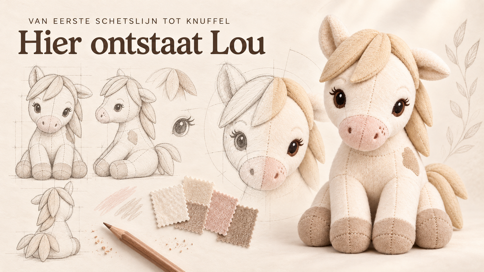 Ontwerpschetsen van de Lou the Pony knuffel van circa 25 cm