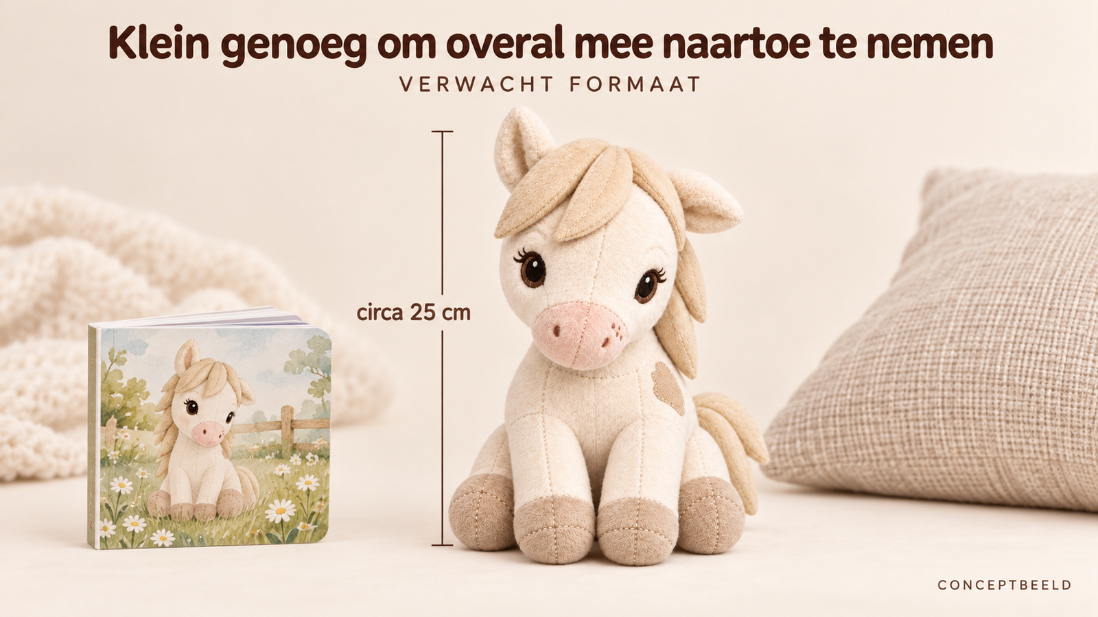 Conceptbeeld van de Lou the Pony knuffel met een verwachte hoogte van circa 25 centimeter