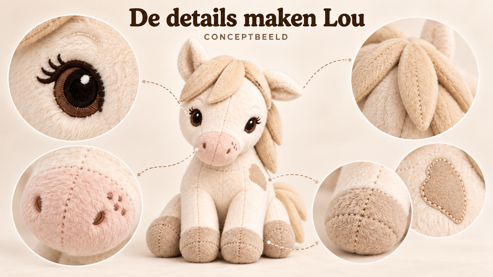 Details van Lou the Pony met haar ogen, bladmanen, roze snuit, hoefjes en herkenbare vlek