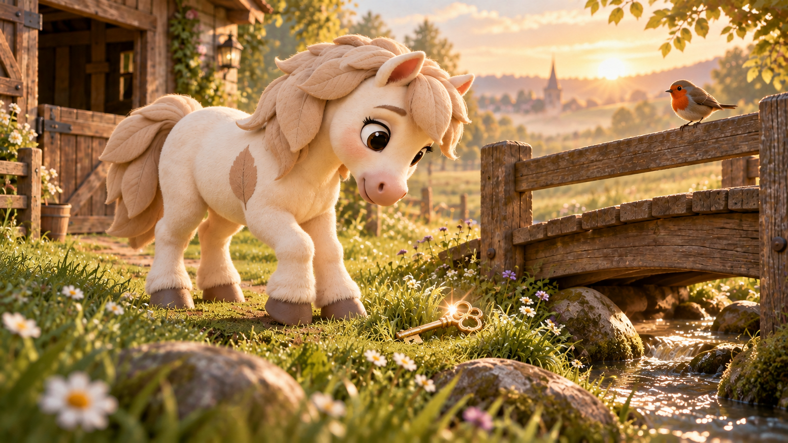 Lou the Pony ontdekt een gouden sleutel bij het houten bruggetje