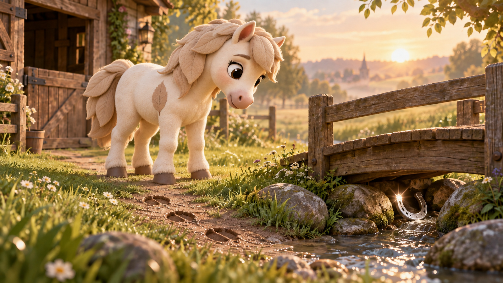 Lou the Pony ontdekt een verdwenen hoefijzer bij een houten bruggetje